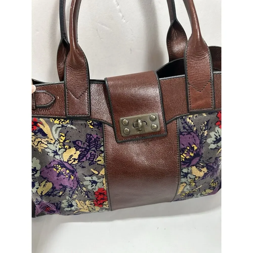 FOSSIL Vintage Reissue Weekender‎ Tapestry Print Brown Leather Shoulder Handbag